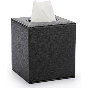 Sumnacon Tissue Box Cover Square Tissue Box Stylish PU Tissue Box Holder with Magnetic Bottom,Leather Cube Tissue Cover for Living Room Bathroom Bedroom Table Desk Home Office Car, Black, 5.3"L x 5.3"W x 5.9"H
