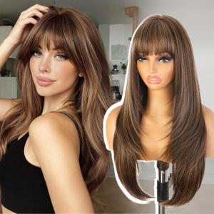 ENTRANCED STYLES Long Mixed Brown Wig with Bangs 26Inch Straight Layered Wig for Women Synthetic Heat Resistant for Daily Party Use (Brown Miex Highlight)