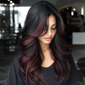 Highlight Burgundy Layered Wavy Wig With Curtain Bangs for Women Synthetic Black Mixd Red Highlights Wig Long Curly Natural Body Wave Butterfly Hair for Daily Party Use 24inch Mixd Red