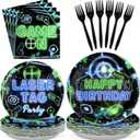 96PCS Laser Tag Birthday Party Decorations Laser Tag Party Plates Disposable Green Blue Laser Party Tableware Set for Kids Boys Girls Neon Glow Laser Tag Game Birthday Decorations, Serves 2