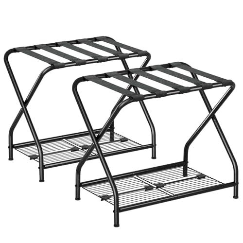 NEFROM Luggage Rack, Set of 2, Suitcase Stand with Storage Shelf, Foldable Metal Luggage Holder for Guest Room, Bedroom, Hotel LR-BK-2