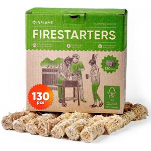 Inflame Fire Starters 130 pcs Fire Starters for Campfires, Grill, BBQ, Fireplace, Woodstove - Charcoal Starter - Waterproof, Weather-Resistant - Natural Wood Fireplace Starters