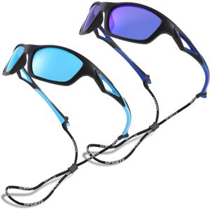 Pro Acme Kids Baseball Sports Polarized Sunglasses with Strap Unbreakable Flexible for Youth Boys Girls Age 4-12 (Pack of 2 (Dark Blue Frame/Dark Blue Mirrored Lens + Blue Frame/Blue Mirrored Lens))