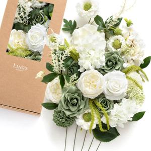 Ling's Moment Fake Flowers Box, Artificial Faux Greenery Stems Silk Hyacinth Foam Rose for Wedding Bouquets Centerpieces Table Decorations Floral Picks Arrangements, White & Green, Deluxe Combo (Grn-white & Tinkle Bell Green)