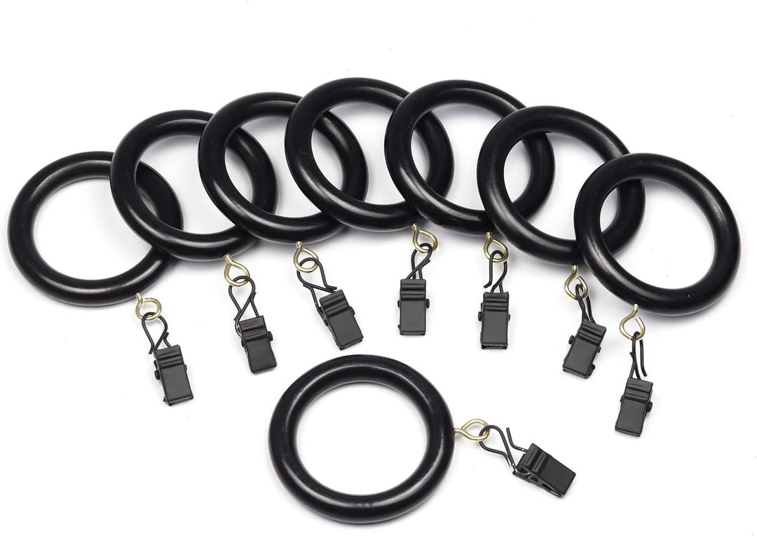 24 Pieces Curtain Rings with Clips Wooden for 1-1.5 inch Rod, Window Shower Curtain Hooks, Dark Wood Curtain Rod Rings with Clips, Wood Curtain Rings with Eyelet, Drapery Rings. (24)