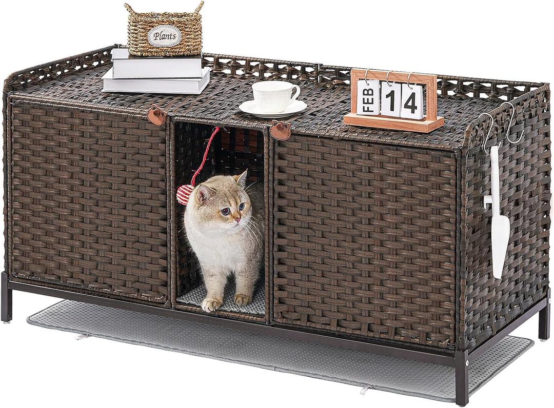 SETVSON Cat Litter Box Enclosure for 2 Cats, Hidden Litter Box Furniture with Mat, Large Rattan Cat House with Double Room and Door, 47.3 L x 19.7 W x 24 H, 2 S-Shaped Hooks for Living Room Brown