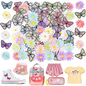 NICEVINYL Flower Iron on Patches for Clothing: 90pcs Multicolor Cute Daisy Flower Applique Patches Sew on Backpacks - Butterfly Embroidered Patches for Jeans Jackets Tote Bags Hats