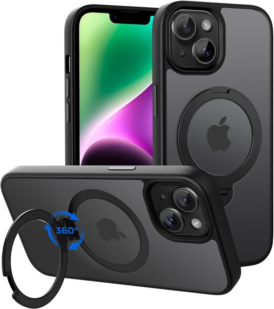 CACOE Magnetic Case for iPhone 13/14 6.1 inch with 360 Rotatable Ring Stand, Compatible with MagSafe Car Phone Mount, Cases Cover Phone Holder for Desk Meeting/Videos Matte Black