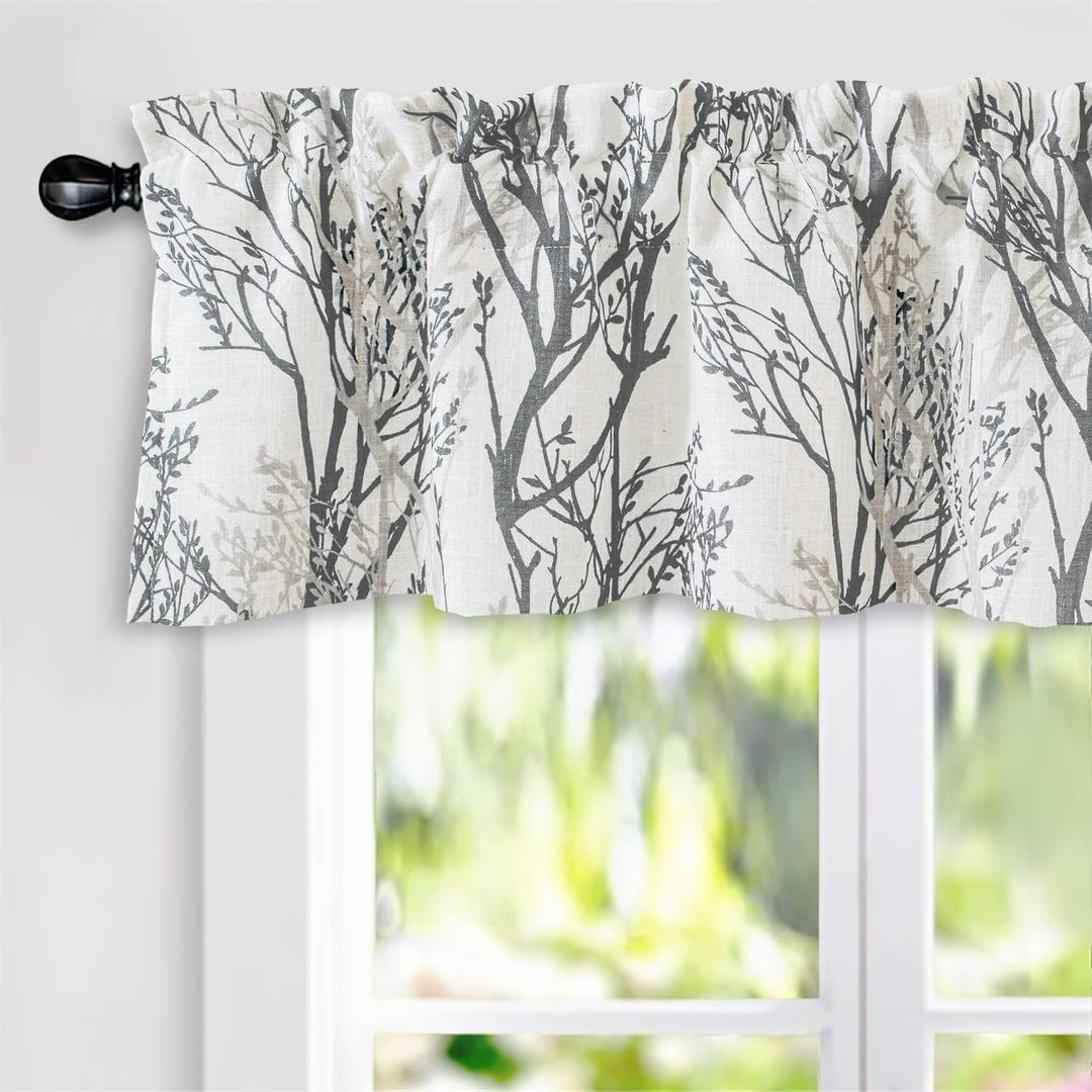 DriftAway Tree Branch Linen Lined Valance Double Layer Thermal Insulated Room Darkening Blackout Valances 3 Inch Rod Pocket Short Window Valance for Living Room Bathroom 52 Inch by 14 Inch Gray (Grey)