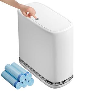 Spreezy Bathroom Trash Can with Lid, 2.3 Gallon/8.6 L Small Trash Can, Pneumatic Adhesion Style Garbage Can for Kitchen, Bedroom, Living Room, Office, Trash Bin Includes 5 Rolls of Trash Bags