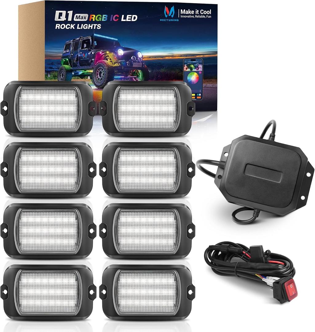 MICTUNING 2025 1000% Bright Q1 MAX RGB+IC LED Rock Lights, 192 LEDs 8 Pods Chasing Dreamcolor Extensible Underglow Multicolor Neon Light Underbody Lighting Kit with APP Control for Truck ATV UTV Boat