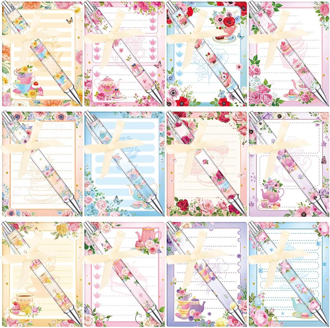 Eaasty 48 Pcs Tea Party Favors Spring Floral Notepads and Ballpoint Pens with Ribbon Vintage Teapot Flower Tea Party Gifts for Birthday Wedding Bridal Shower Office Supplies