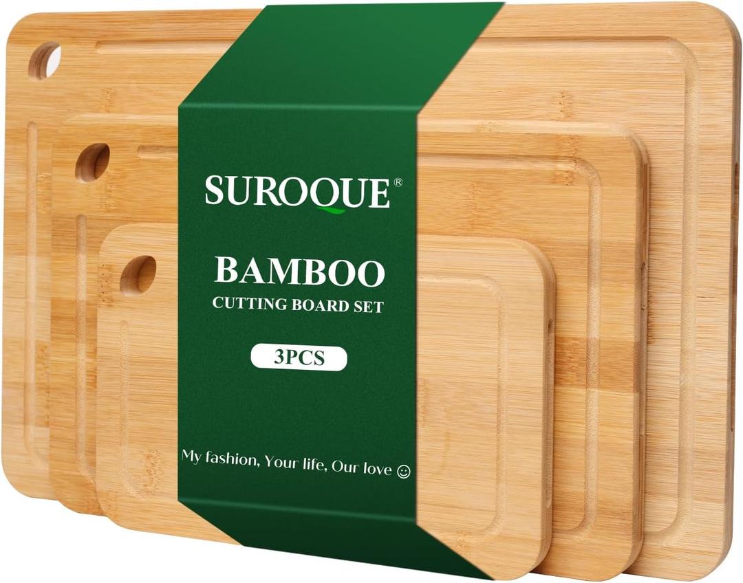 Bamboo Cutting Board Set of 3 for Kitchen, Chopping Boards with Juice Groove & Built-in Handles, Perfect for Meat, Vegetables, Fruits, Kitchen Gift for Home Cooks & Chef