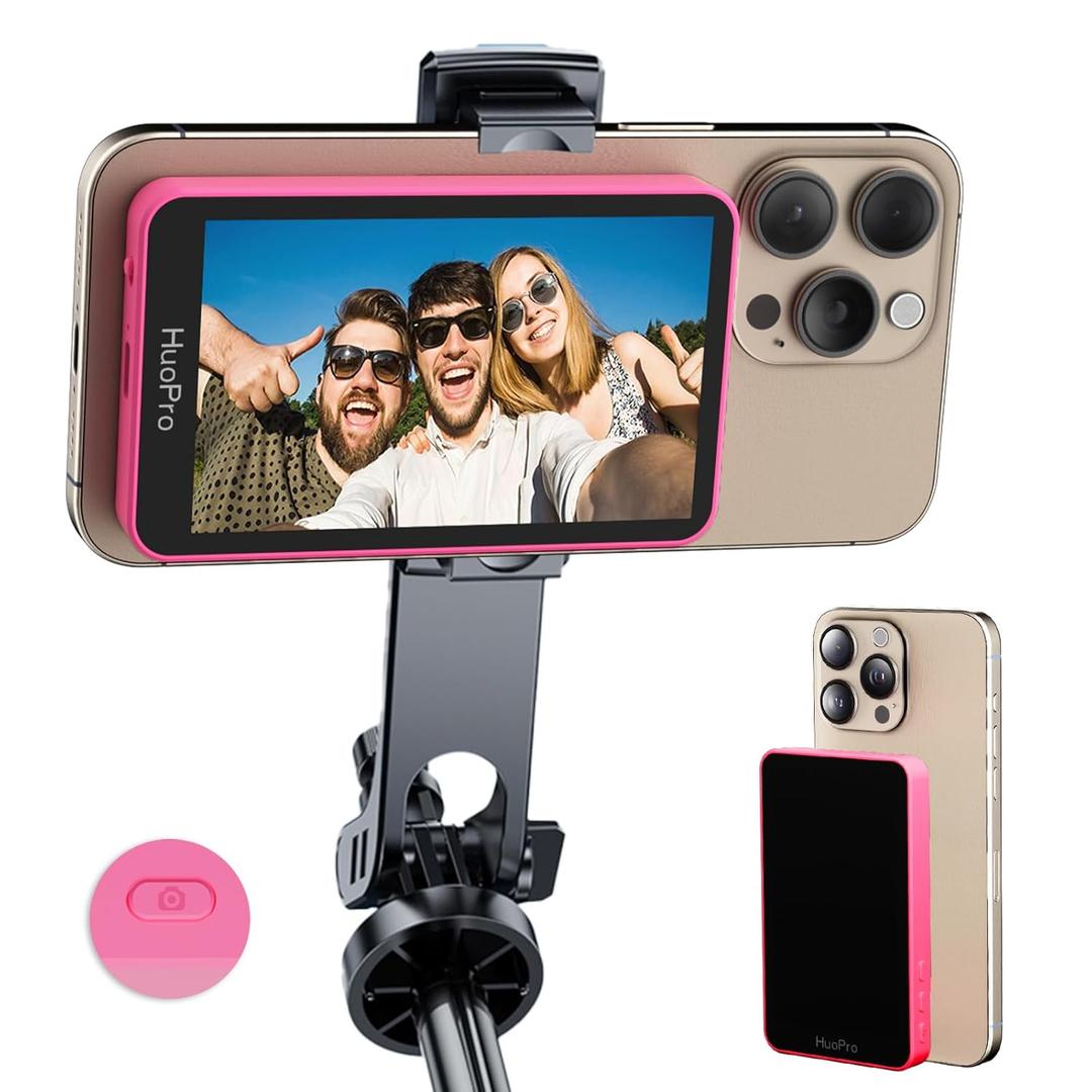 HuoPro Vlog Selfie Monitor Screen for iPhone & Android, S1 Magnetic Wireless Back Camera Monitor Built in Shutter No Need Remote 4K/ 60fps Rear Camera Screen for Selfie Live Stream TikTok Rose Red