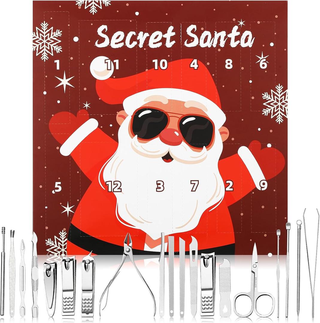 Therwen Christmas Nail Clipper Kit Gifts Christmas Stocking Stuffers for Men and Women 19 Pcs Fingernail Clipper Tools Grooming Kit Stainless Steel with Santa Box Gifts for Adult Men Women Beauty