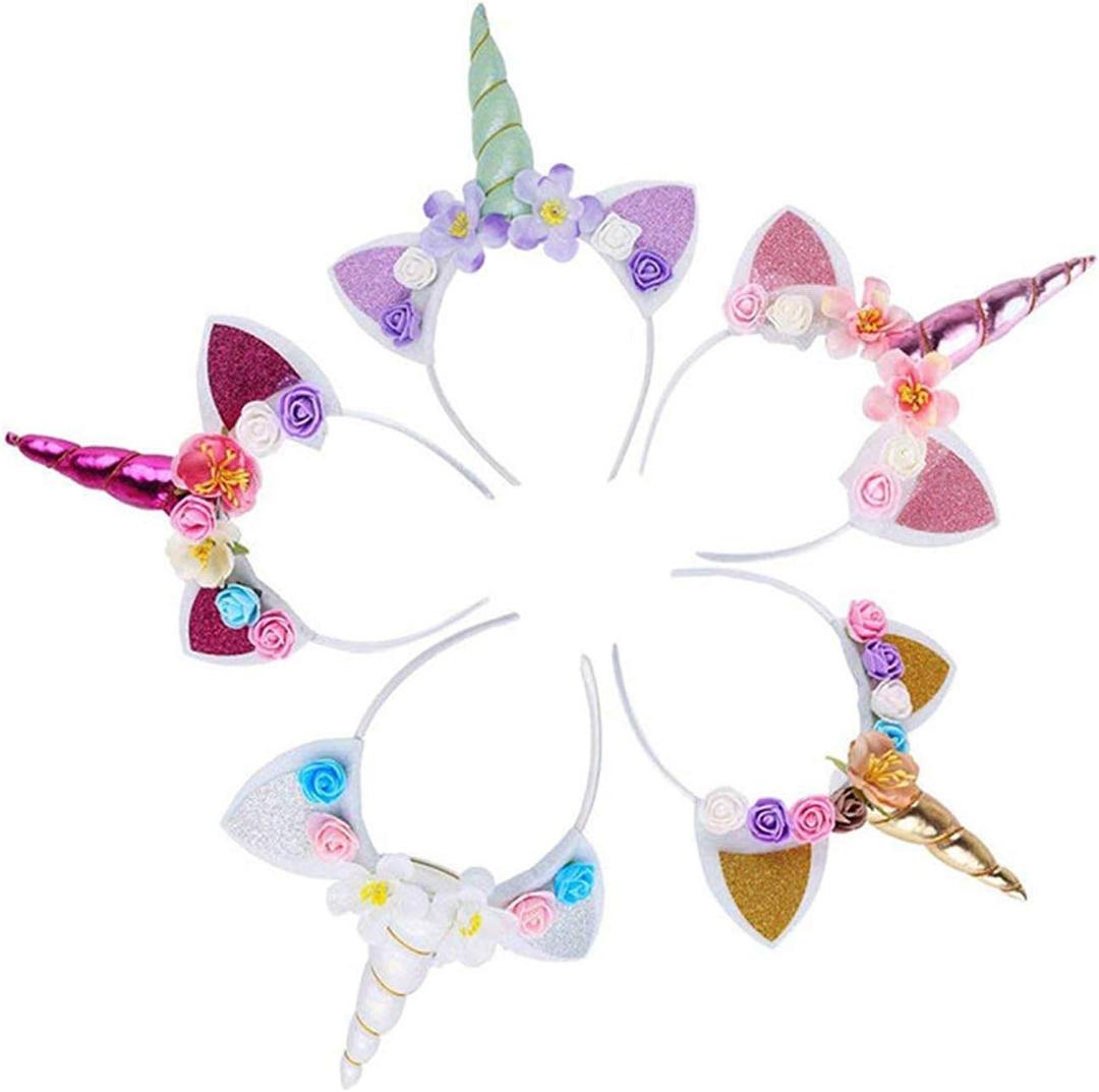 5PCS Glitter Unicorn Horn Headband, Flower Ears Unicorn Headbands for Girls, Birthday Unicorn Party Supplies, Cosplay Costume