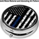 Pill Box, Small Pill Organizer with 3 Compartments and Mirror, Cute Round Portable Travel Metal Pill Case for Pocket or Purse, Privacy-Protecting Medicine Box-Black Blue Tree Leaves American Flag