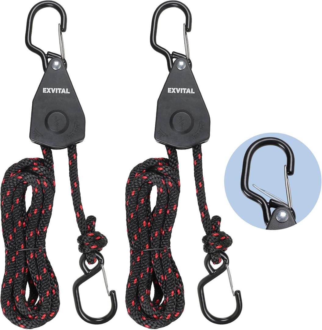 2PCS Kayak Rope Tie Down Ratchet Straps 3/8" 12' Bow and Stern Tie Down Kayak with Safety S Hook Heavy Duty Ratchet Rope Kayaks and Canoe Accessories Black