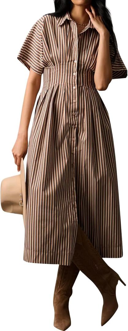 JEIBKOUY Women Striped Button Front Pleated Maxi Shirt Dress Short Sleeve Collar V Neck Summer Casual Corset Long Dress (Small, Brown)