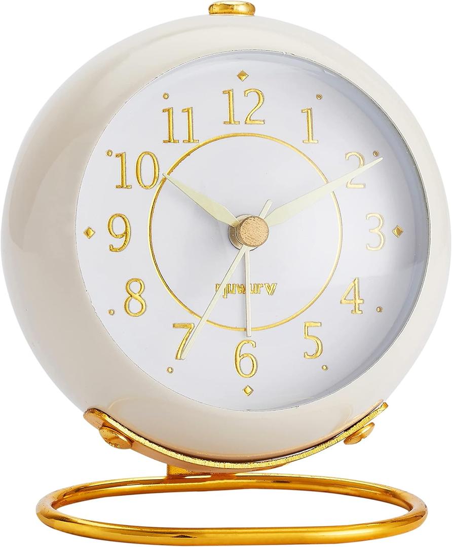 Metal Desk Clock, Retro Bedroom Table Vintage Analog Alarm Clock, Silent Non-Ticking Gold Clock, Bedside Dcor(Milk White)