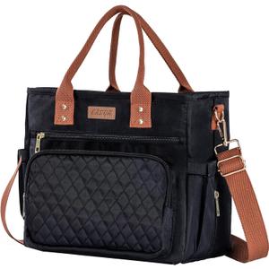 Large Women Lunch Bags for Work Insulated/Insulated Adult Lunch Box for Women/Durable Nylon Thermal cooler Bag /Leakproof Cooler Tote Bag with Storage Pocket(Newly upgraded Noir Black Brown strap)