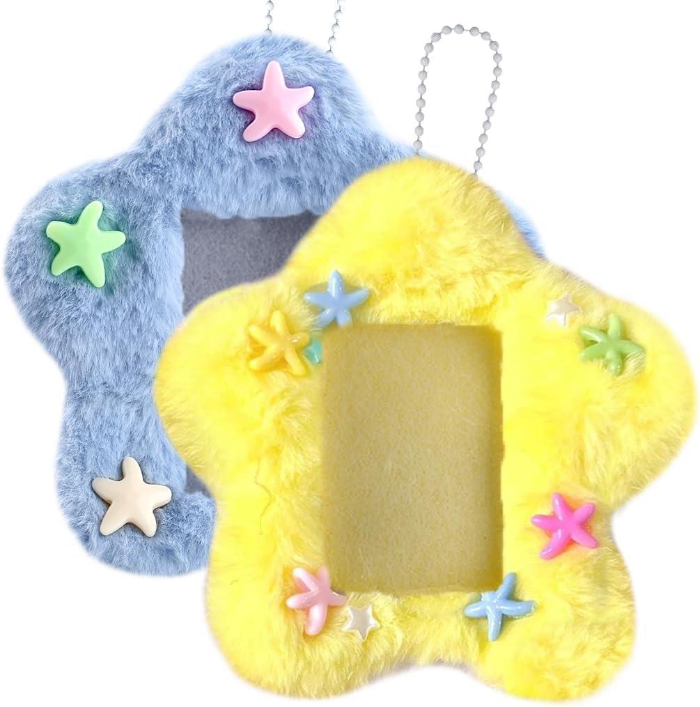 2 Pcs Star Photocard Holder Cute Plush Keychain Pendant 3 Inch Photo Card Holder Student Card Bag ID Card Case Photo Protective Sleeves ID Badge Holder (Blue and Yellow)