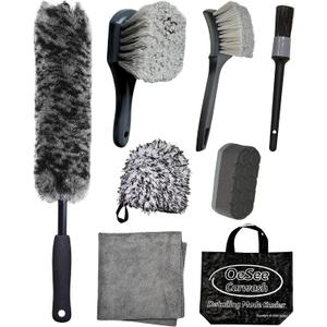 oesee 8PCS Pro Wheel Cleaning Kit - Synthetic Wool Brushes, Detailing Brush, Tire Brush, Wash Mitt, Drying Towel & Carry on Bag - Scratch-Free Rim Cleaning Kit