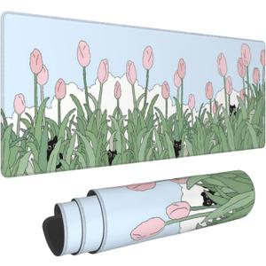 Tulip Flower Cat Mouse Pads,Large Cute Anime Gaming Desk Mat,Kawaii Pink Floral Sage Green Plant Mousepad for Women Girls,Aesthetic Desktop Keyboard Mat with Stitched Edges for Office Home,31.5x12in