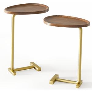 2 Pack Small Side Table New C Table Narrow Round Bed Sofa Casual Beverage Coffee Table TV Tray, Bedrooms NarrowSide Table Gold Country Table Modern and Simple, Metal and Wood - (Walnut Color 2 Pack)