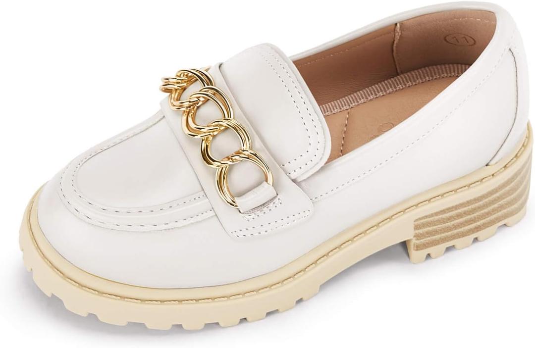 Coutgo Girl's Platform Penny Loafers School Uniform Flats Slip on Round Toe Metal Chain Dress Shoes (2 Little Kid, Beige)
