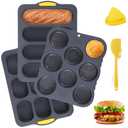Set of 6 Hamburger Bun Pans for Baking, 4/8/9-Cup Hamburger Bun Mold, Silicone French Bread Baking Pan with Brush, Spatula, and Grab Glove, Nonstick Perforated Baking Pans, Dishwasher Microwave Safe