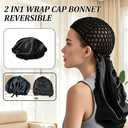 2 in 1 Silk Press Wrap Cap and Hair Scarf, Reversible Satin Wrap Bonnet with Adjustable Tie, Sleeping Hair Cap for Curly Natural Braided Long Hair (Black)