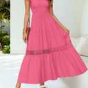 ZESICA Womens Summer Flutter Sleeve Smocked Lace Midi Dress | Casual Flutter Short Sleeve Dress, Boho Long Dress, Smocked High Waist Dress, Flowy A Line Dresses, Beach, Vacation, Party (Pink, S)