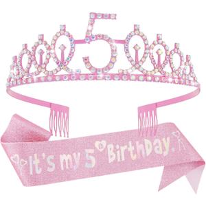 Canitor Birthday Decorations for Girls - Crown Tiara Sash Set and Headband Gift (5 years old)