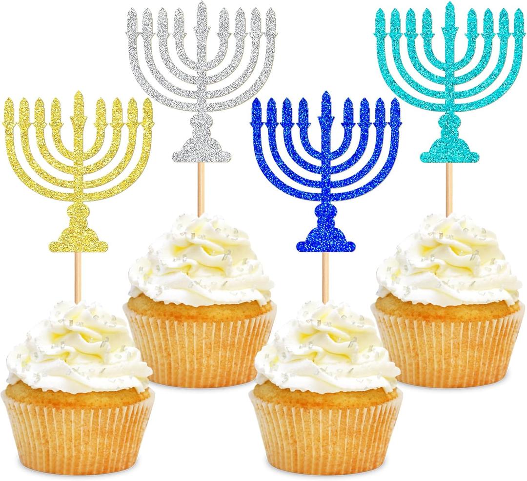 24 PCS Happy Hanukkah Cupcake Toppers Candlestick Hexagram Cake Topper Decorations Chanukkah Theme Party Supplies (Blue1)