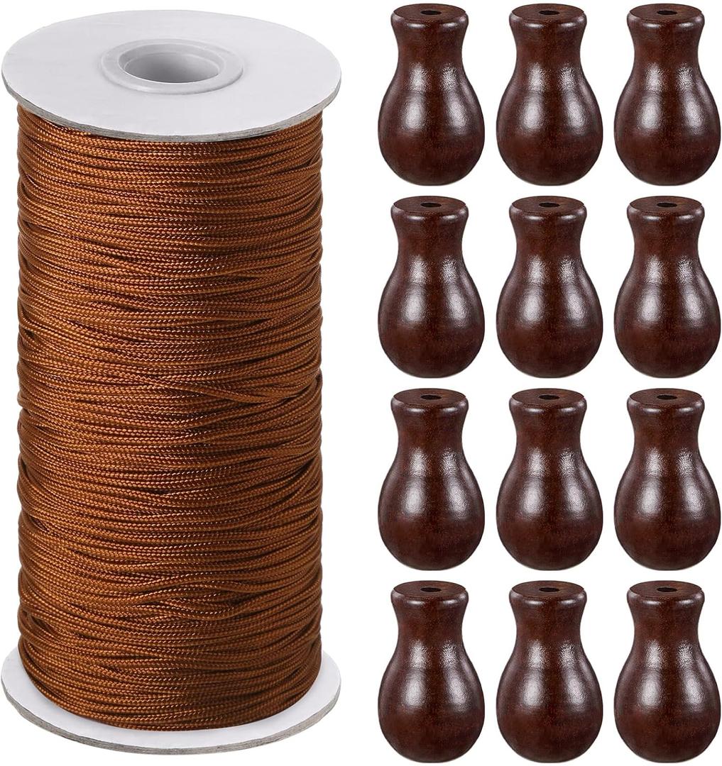 Windyun 110 Yards Blind Cord 1.8 mm Braided Lift Shade Curtain String and 12 Pieces Wood Blind Pull Cord Knobs for Roman Shade Kit, Curtain Craft(Brown)