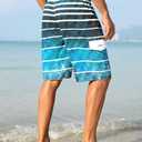 unitop Men's Swimming Trunks Quick Dry Summer Striped Beach Board Shorts with Lining (34, Lake Blue)