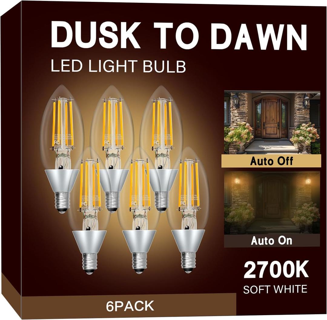 UNILAMP Dusk to Dawn Light Bulbs, Outdoor Candelabra Light Bulbs, 5W Equivalent 40W, 2700K Soft White, 500LM, Edison Vintage Filament E12 Base, Photocell Sensor for Sconces Porch Patio Garage, 6 Pack