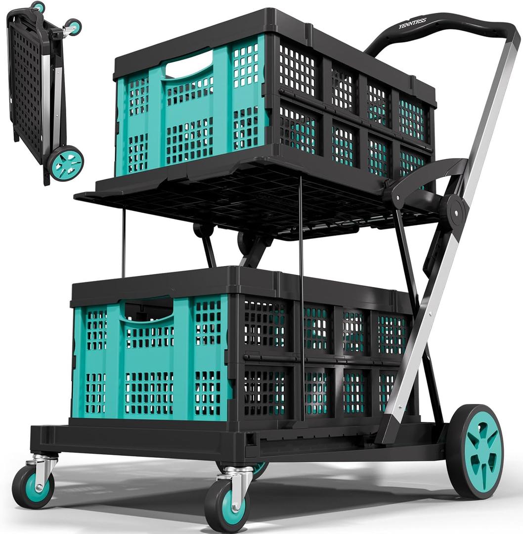 Beyond Collapsible Shopping Cart on Wheels, Shopping Cart with 2 Storage Crates, 2-Tier Multi Functional Utility Cart for Grocery/Warehouse/Office/Supermarket - Blue