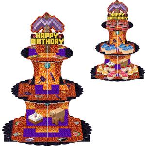 2 x Video Game Pixel Cupcake Stand (1 Pcs,3-Tiers) Game Theme Birthday Party Supplies Favors Decorations for Cardboard Cupcake Holder Round Serving Tray Stand Dessert Tower