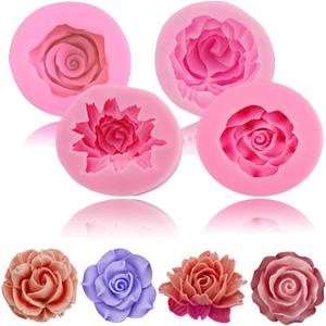 4pcs Rose Flower Combo Fondant Silicone Cake Sugarcraft Molds Handmade 3D Cavity Flower Cake Resin Mold Crafting Candy Chocolate Cupcake Kitchen Baking Tools