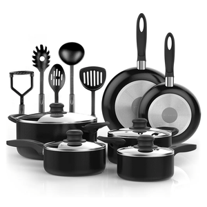 Vremi 15 Piece Nonstick Cookware Set - Durable Aluminum Pots and Pans with Cooking Utensils - Oven Safe Multi Quart Enameled Saucepans Dutch Ovens and Fry Pans with Glass Lid - Black Vremi 15 Piece Nonstick Cookware Set - Durable Aluminum Pots and Pans with Cooking Utensils - Oven Safe Multi Quart Enameled Saucepans Dutch Ovens and Fry Pans with Glass Lid - Black