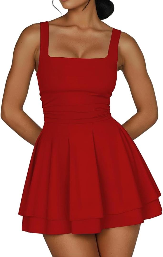 Women's Square Neck Ruffle Hem Mini Dress Ruched Waist Corset Short Party Dresses (Red, S)