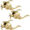 3 Pack Brass Door Knobs, Keyed Alike Door Handles, Door Knobs Interior, Bedroom Lockable Door Knob, Entry Door Handle for Living Room, Wave Door Lever, Right Handing Door Handles