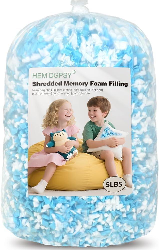 Hem Dgpsy Shredded Memory Foam Filling - Premium Soft Bean Bag Filler, 5lbs Blue & White Pillow Stuffing for Couch Cushion, Dog Bed, Chair - High Density, No Chemical Smell, Easy to Use