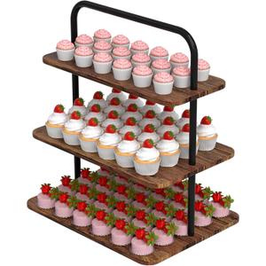 Cupcake Stand, 3-Tier Dessert Stand for 52 Cupcakes, Wood & Metal Tower Display Premium Holder Dessert Tree Tower for Christmas Birthday Weddings Party Decor, Serving Tray, Wood Brown