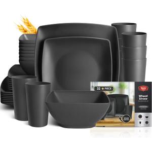 Teivio 32-piece Plastic Wheat Straw Square Dinnerware Set for 8, Unbreakable Dinner Plates, Salad Plates, Snack Bowls, Tumblers, Dishwasher Safe, Black
