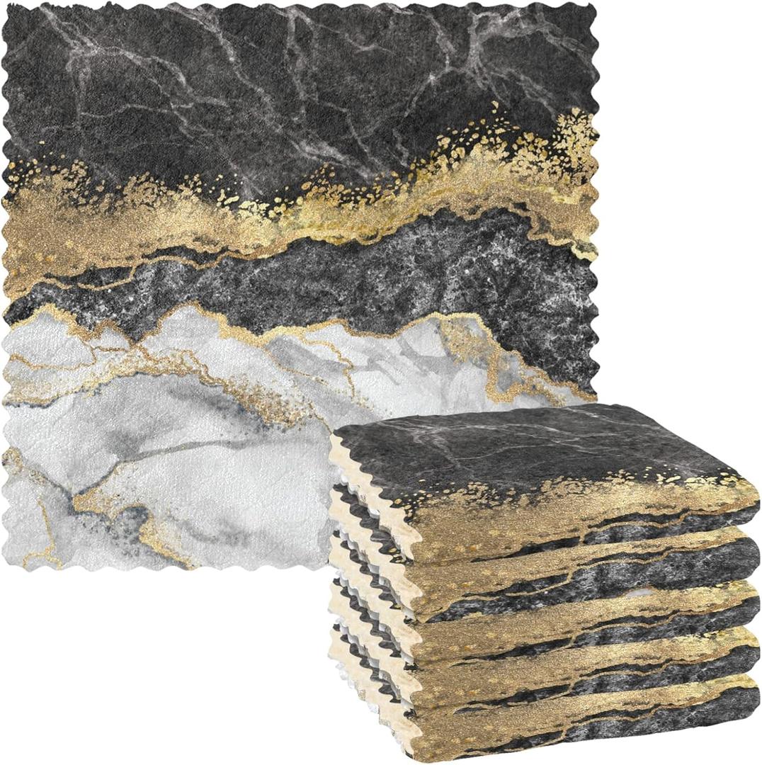 Dish Cloths Dish Towels Kitchen Towels 6 Pack Sets Absorbent Gold Black Marble Soft Decorative Reusable Nonstick Oil Washable (Color1)