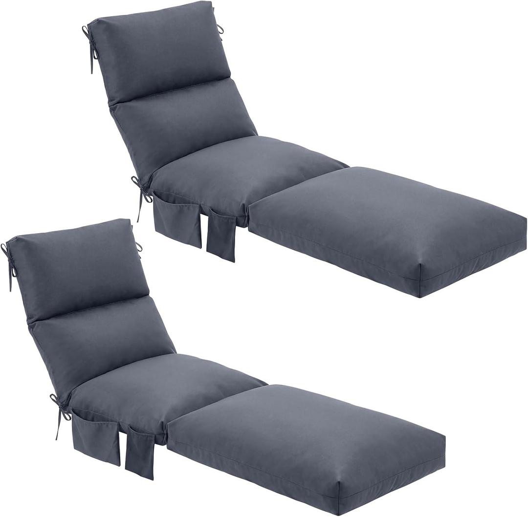 Kigley 2 Pcs Chaise Lounge Cushions, 78 x 22 x 4.7 Inch Outdoor Lounge Chair Cushions with Pocket, Thick Tufted Patio Recliner Replacement with Ties, Fade Resistant for Pool Furniture (Dark Gray)