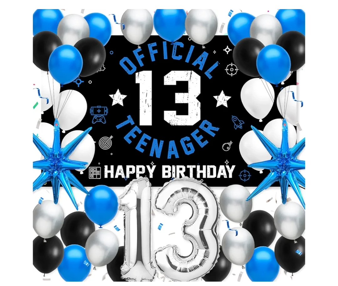 13th Birthday Decoration Set for Boys Girls, Official Teenager 13 Birthday Party Banner Backdrop, Large 13 Foil Balloons, Explosion Star Balloons, 13th Birthday Photo Props Decor, Blue Silver